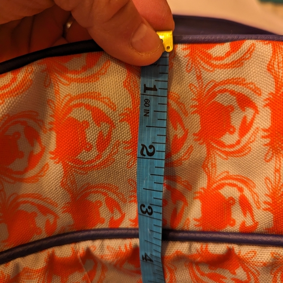 Sarah Watts crabby orange pattern messenger bag with blue leather strap - Picture 15 of 15